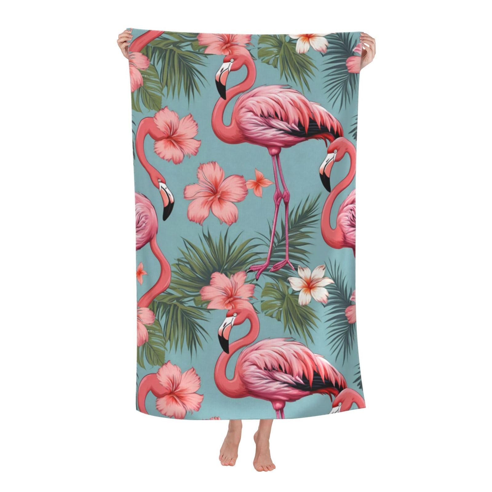 Pojknbv White Floral With Flamingo Print Oversized Adult Beach Towel Quick-Dry Comfortable Lightweight Travel Pool Camping