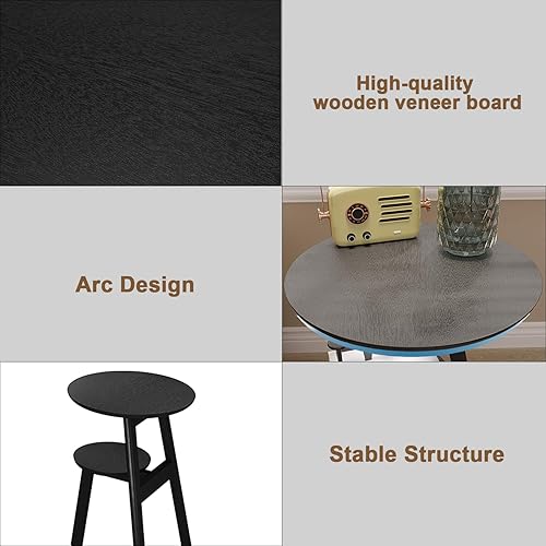 Miniatura 7 de Treocho Mesa auxiliar redonda, mesa auxiliar con estantes de 2 niveles, mesita de noche para sala de estar, dormitorio y espacio pequeño, color negro