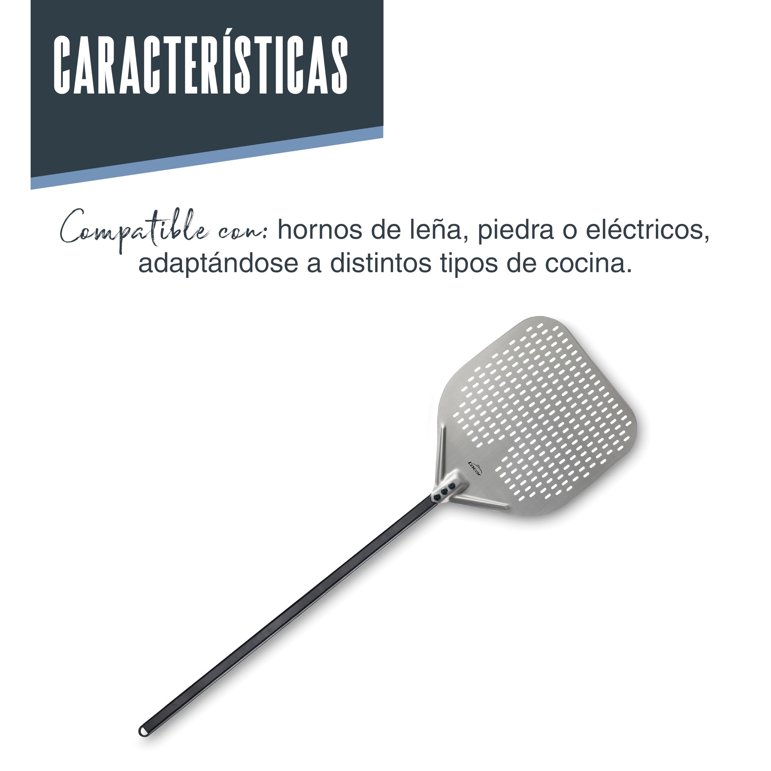LACOR - 61466 - Pala Pizza Fuoco, 30 x 30 x 120 cm, Aluminio Anodizado, Base Perforada, Uso Profesional, Apta para Hornos de Piedra, Leña o Eléctricos, Ligera, Robusta y Manejable