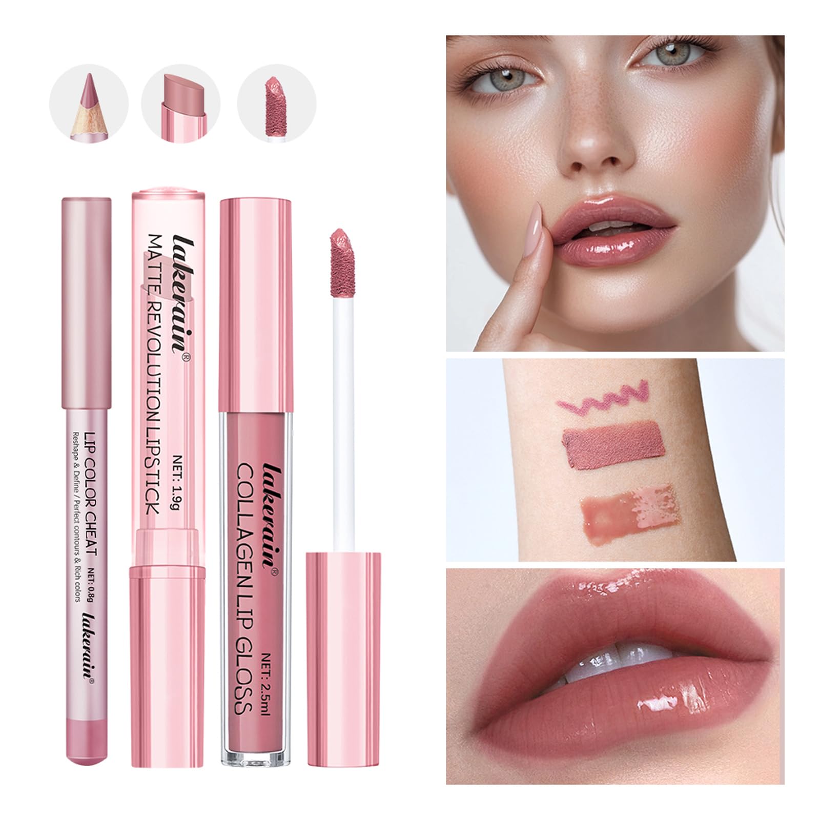 3PCS Matte Liquid Lipstick Lip Balm & Lip Liner Lip Kit, Hydrating Tinted Pink Lip Balm - Image 3