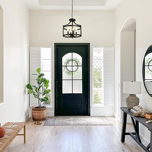 Miniatura 5 de LynPon Candelabro negro con 4 luces, moderno colgante colgante convertible semi empotrado, lámpara de techo redonda de metal rústico para comedor,