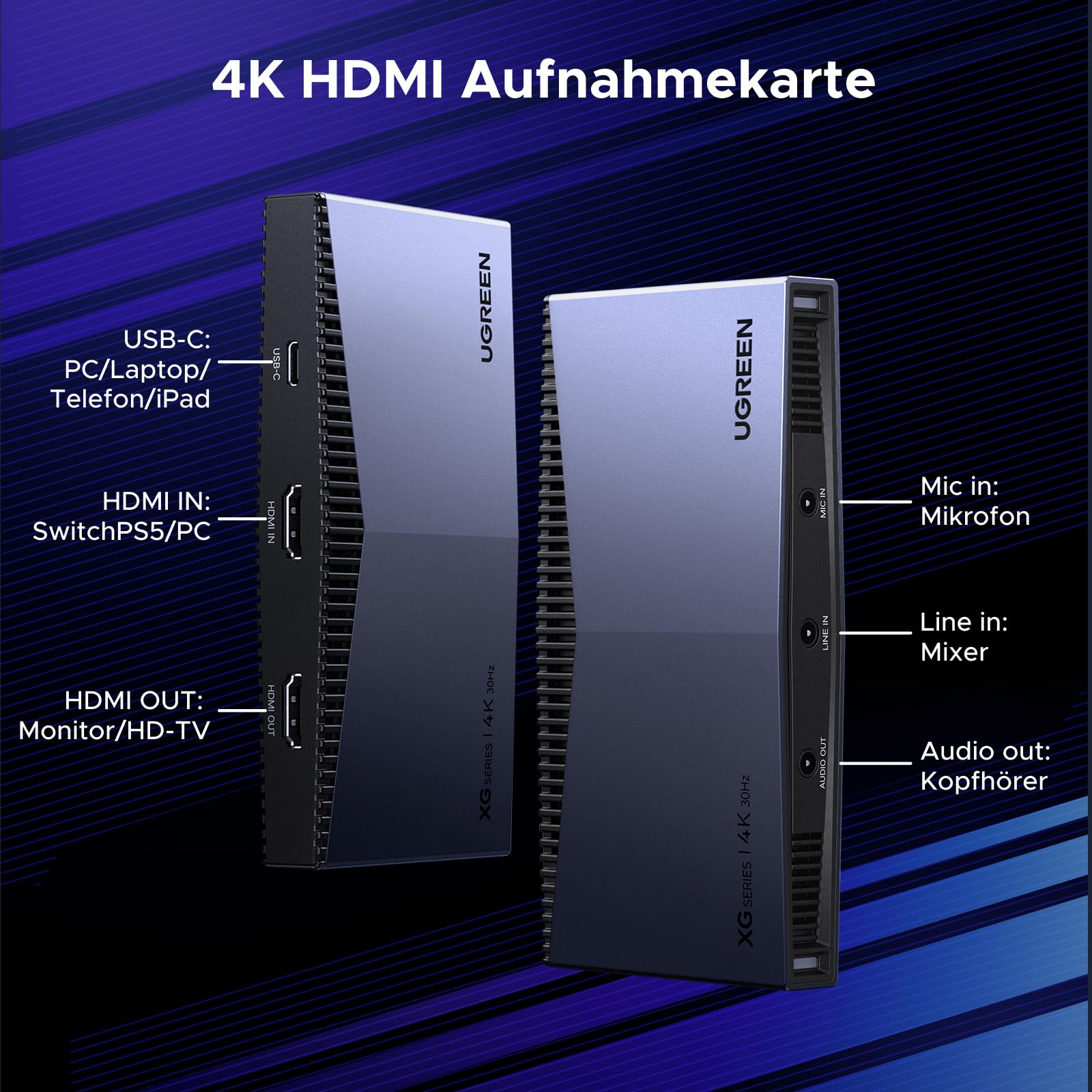 UGREEN 4K Capture Card, HDMI Capture Card 4K60Hz HDR Loop-Out und 4K30Hz Capture mit ultraniedriger Latenz, kompatibel mit PS5/Pro, PS4/Pro, Xbox Series X/S, Xbox One X/S, Switch, Switch 2