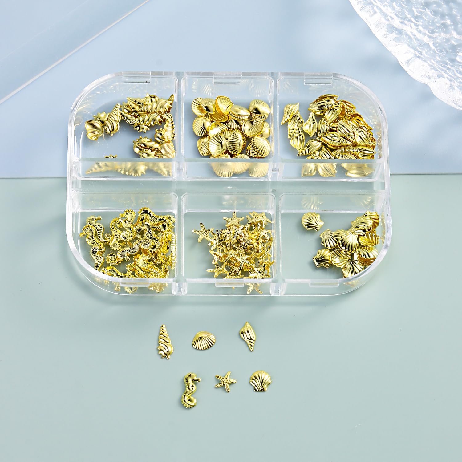 6 Compartiments Breloques De Nail Art En Forme Coquillage D'Été, Bijoux Ongles Nail Art Thème Océan, Breloques Ongles, Coquillage Decoration Pour DIY Décoration De Cartes Et Coques