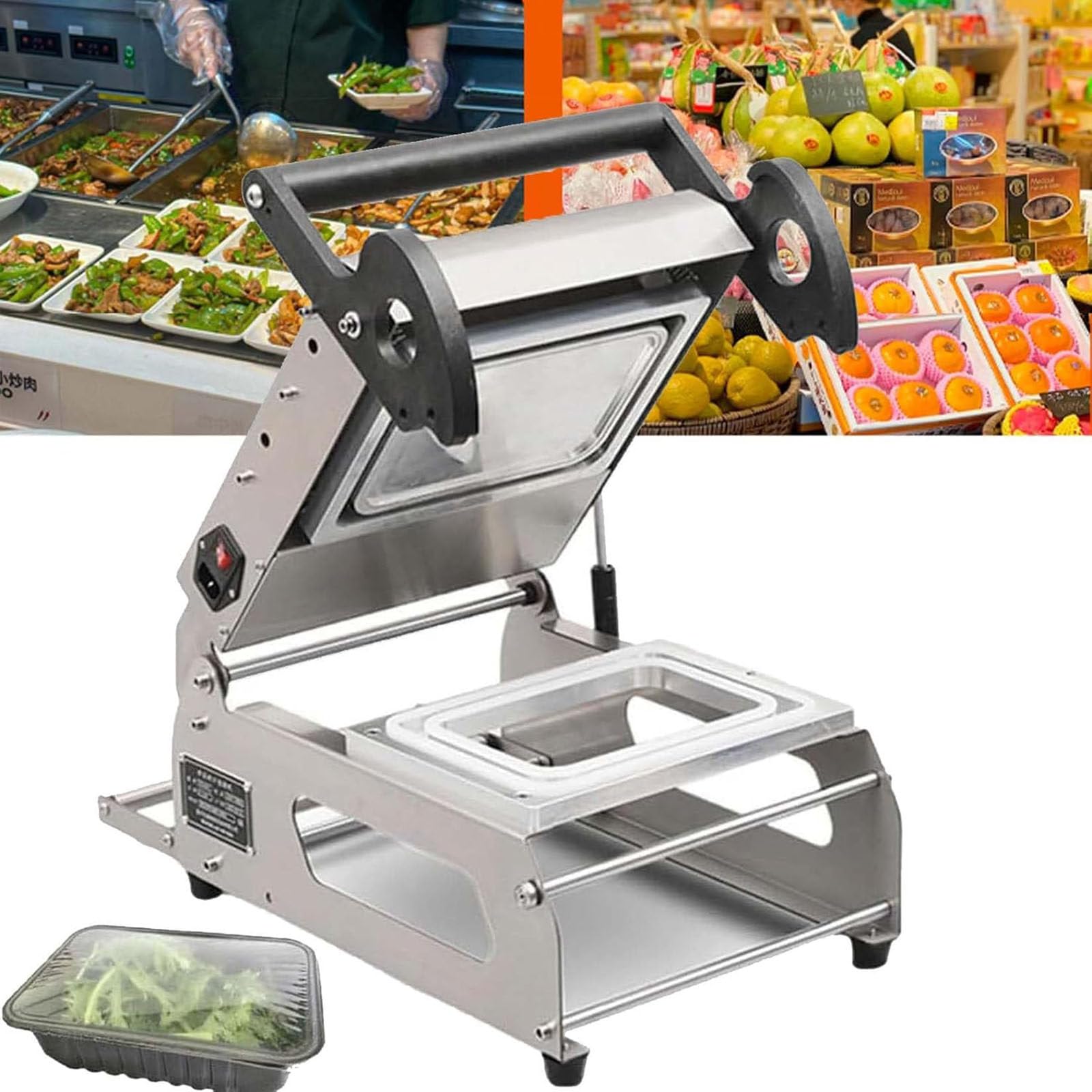 Sellador de bandejas de alimentos comercial, sellador térmico semiautomático, 7-8 paquetes/minuto, ancho de película en rollo de 180 mm, ideal para restaurantes y servicios de catering