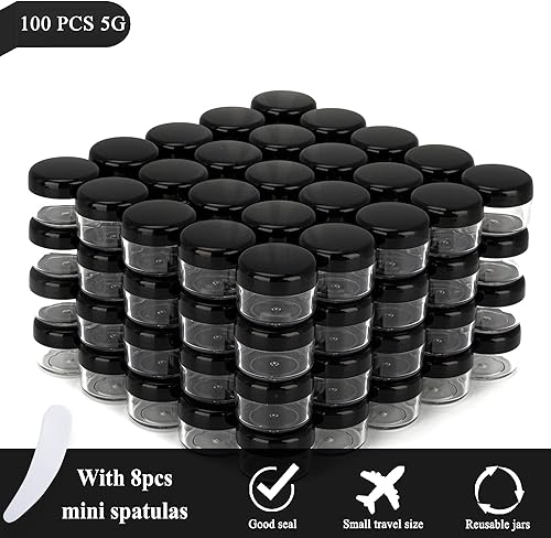 Miniatura 5 de 100 recipientes de muestra de 0.18 oz, frascos vacíos de 0.17 onzas líquidas con tapas, pequeños recipientes para cosméticos, mini frascos de