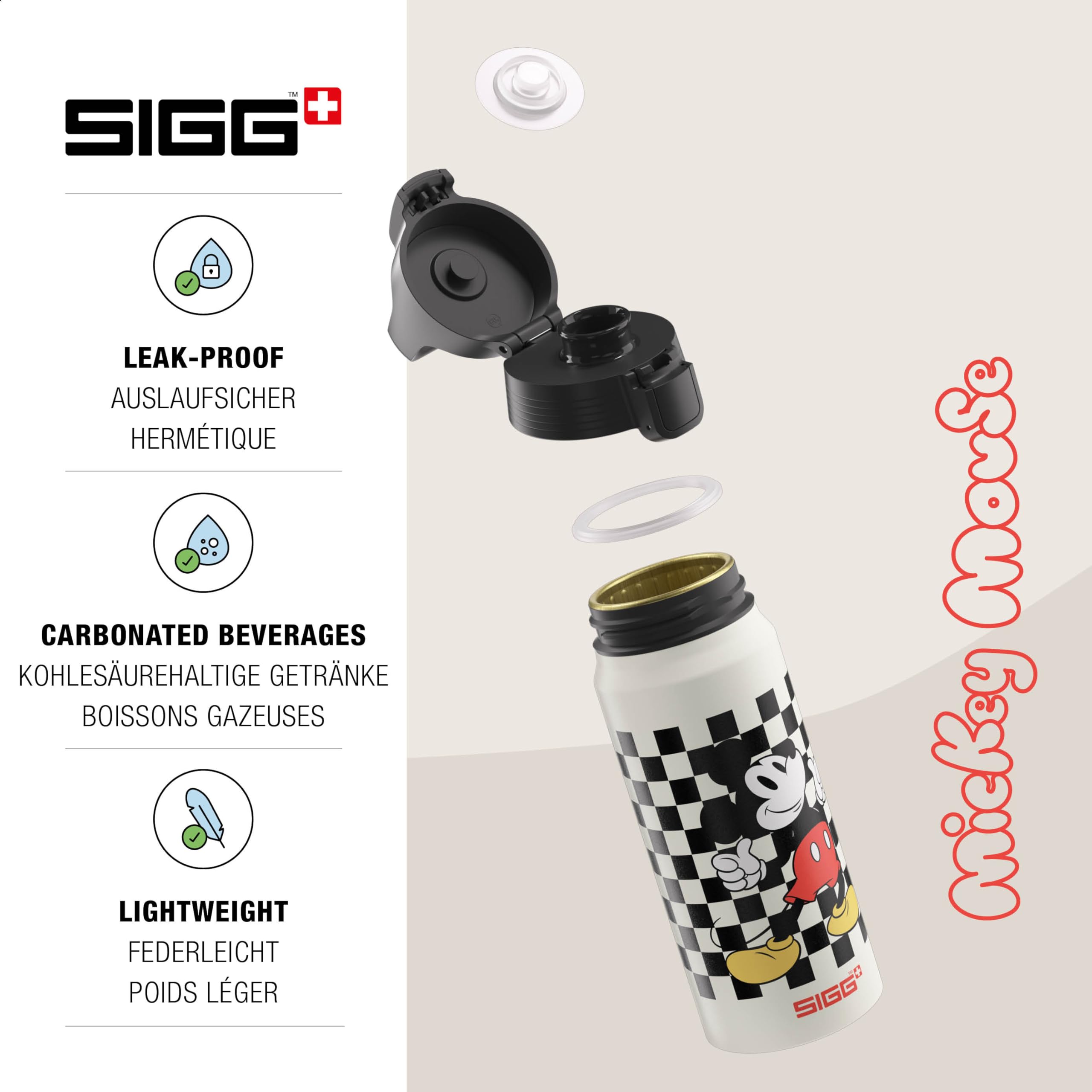 SIGG - WMB One Mickey Retro alüminyum içecek şişesi, gazlı içecekler için uygundur, sızdırmaz, tüy kadar hafif, BPA içermez, iklime zarar vermez, ekrü sertifikalı, 0,6 l