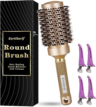 Round Brush for Blow Drying, Boar Bristles Round Hair Brush for Blow Out, Styling, Curling, Adding Volume, with 4 Hair Clips Gold, 83mm, Barrel 53mm
