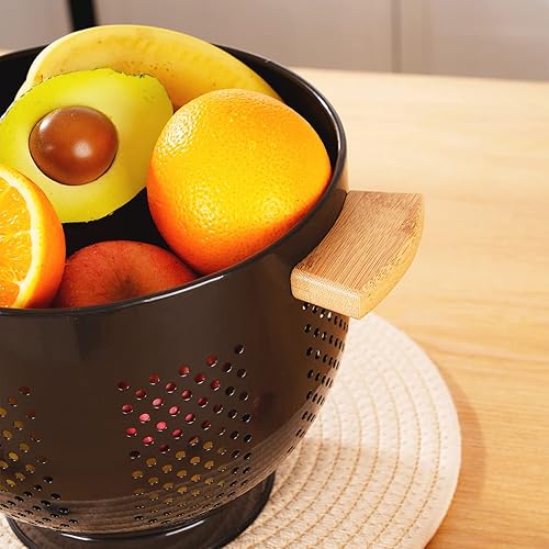 Miniatura 4 de Colador de metal con mango de madera y base estable, cesta coladora de cocina de acero con recubrimiento en polvo para escurrir pasta, verduras y