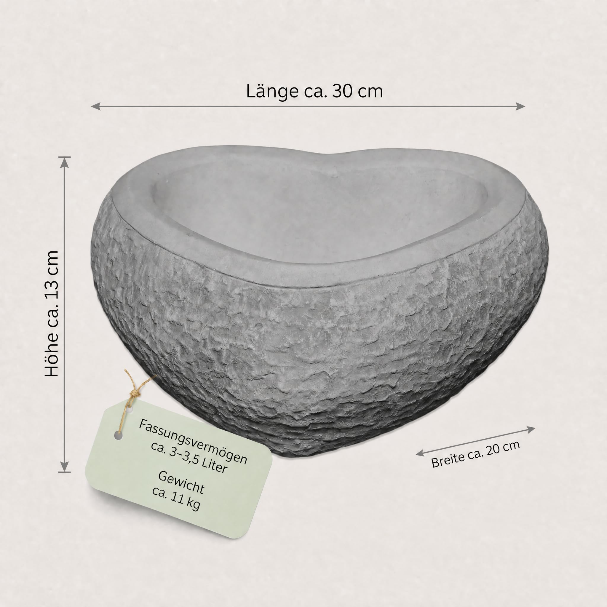 gartendekoparadies.de Vaso per Piante Solido Vaso per Fiori a Forma di Cuore, Altezza 13 cm, 30 x 30 cm, 3,5 Litri, Grigio, Peso 11 kg, in Pietra colata, Resistente al Gelo