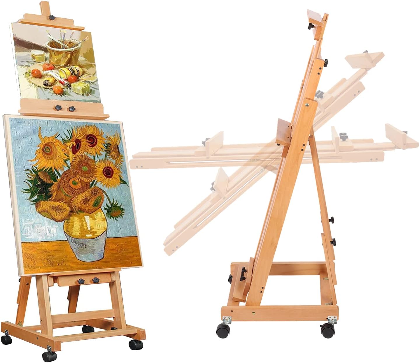 foriy H Frame Easel Multi-Function Studio Easel Solid Beech Wood Easel Adjustable Painting Canvas Holder Stand Tilts Flat Artist Easel with Locking Caster Wheels