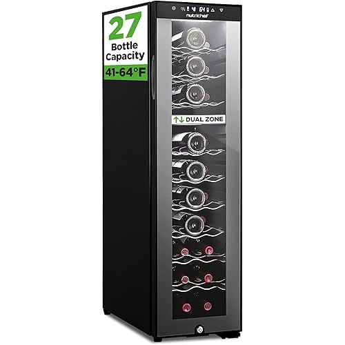 NutriChef 27 Bottle Wine Fridge | Dual Zone Adjustable Temperature Control 41°F to 64°F | Ultra Quiet | Wine Cooler For Home, & Office | FreeStanding 43x11x23 IN | Black