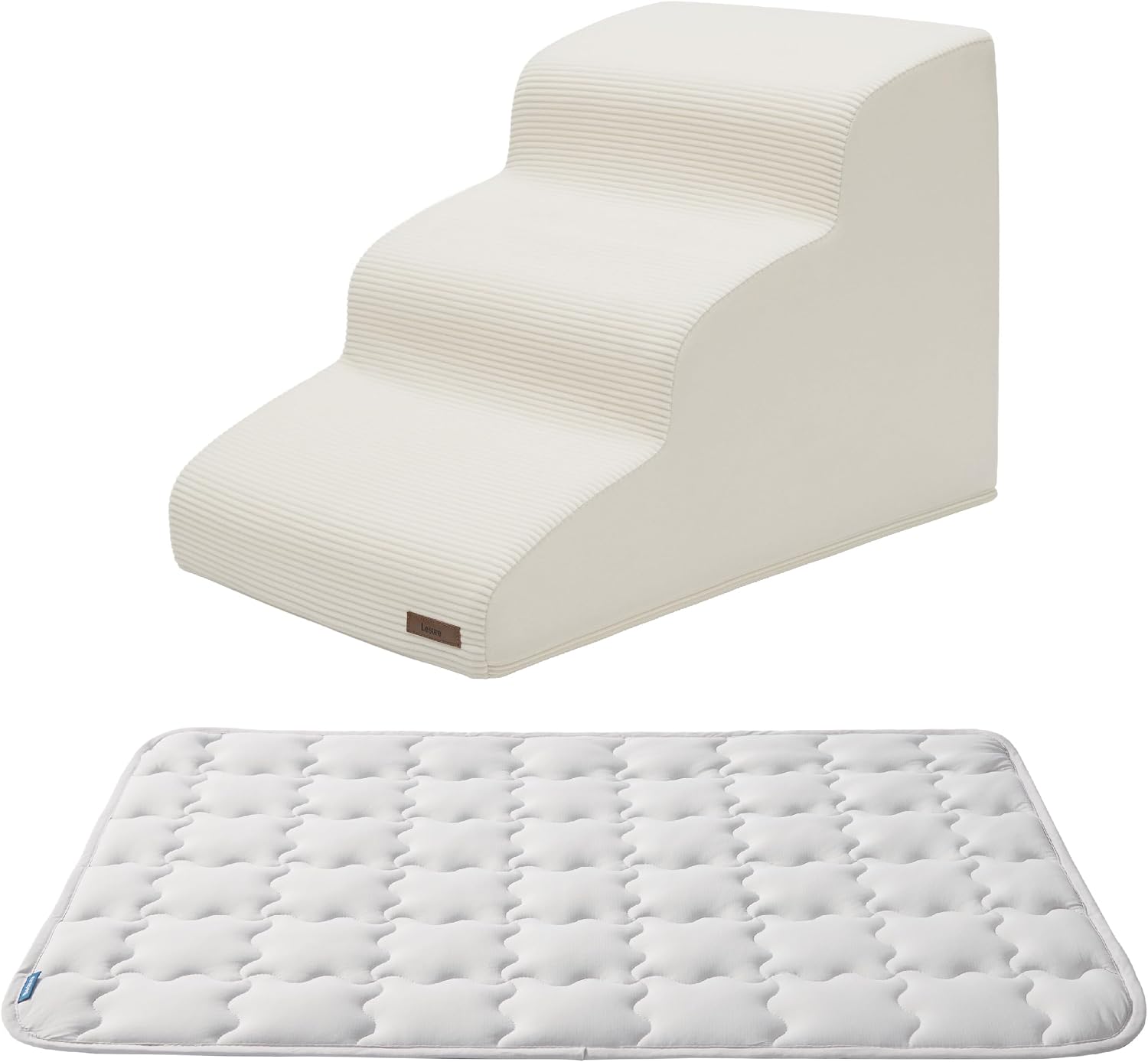 Bedsure Cooling Mat (24"x18", Grey, Q-Max>0.5, Washable) and Lesure 3-Step Dog Stairs (Beige, CertiPUR-US Foam, Non-Slip) – Cooling Relief & Safe Access for Small Dogs and Cats