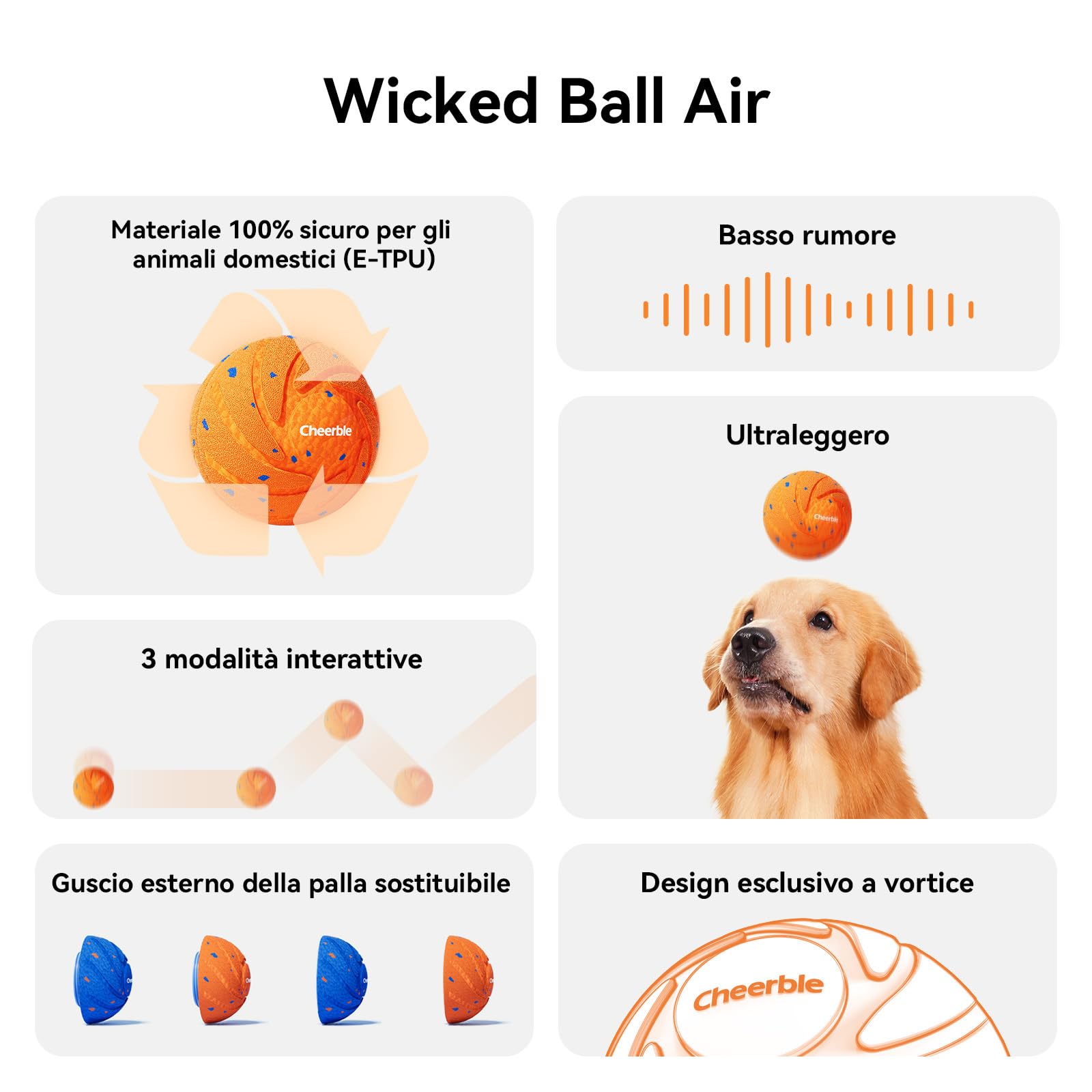Cheerble Palla Interattiva per Cani - Wicked Ball Air Self Moving Dog Ball con 3 Modalità Interattive, Giocattolo Intelligente per Cani, Regalo di Compleanno con Luci a LED, Arancione