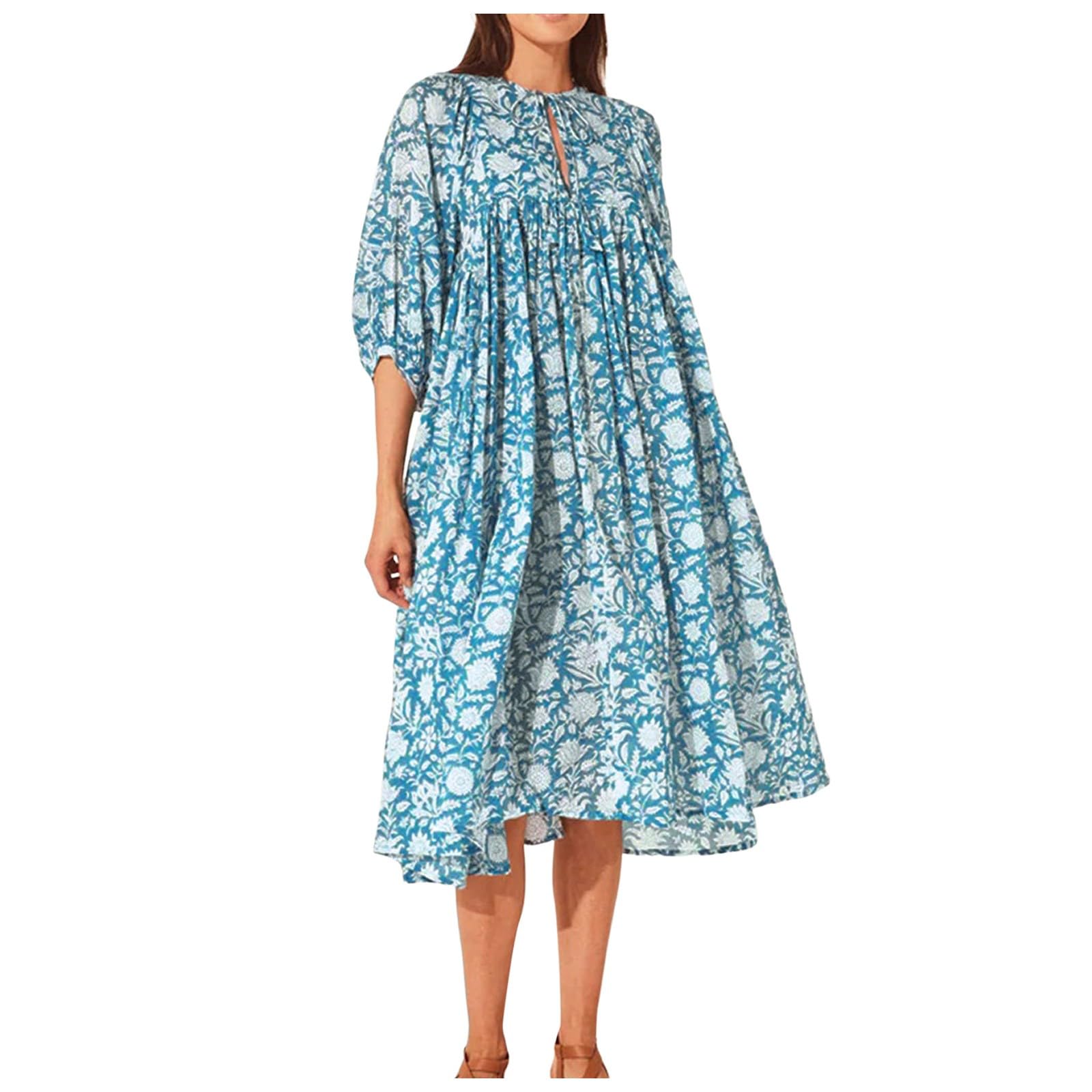 Vestidos Casuales De Verano for Mujer, Vestido Playa Midi Suelto con Mangas Abullonadas Y Estampado Floral, Medio Abierto