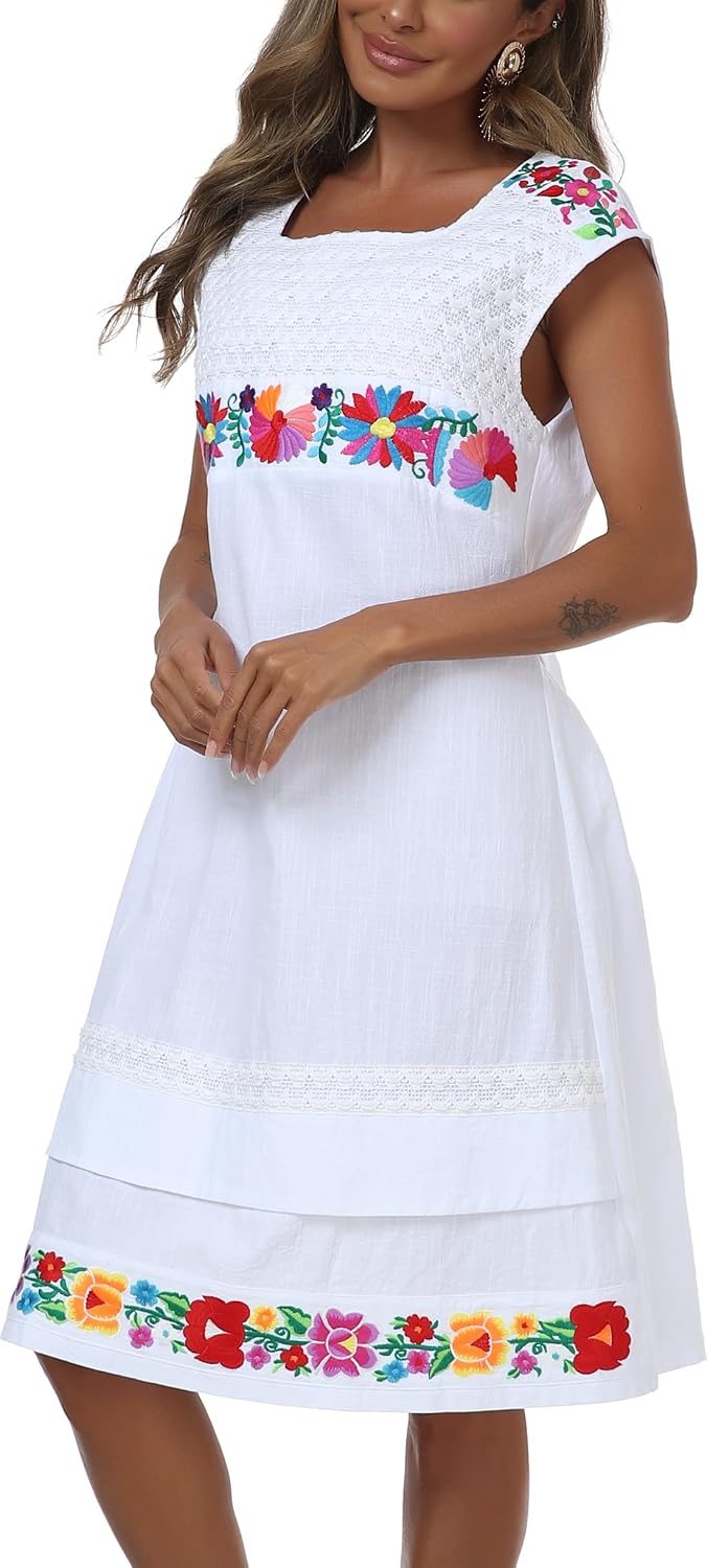 YZXDORWJ Women Mexican Embroidered Dress Short Sleeve