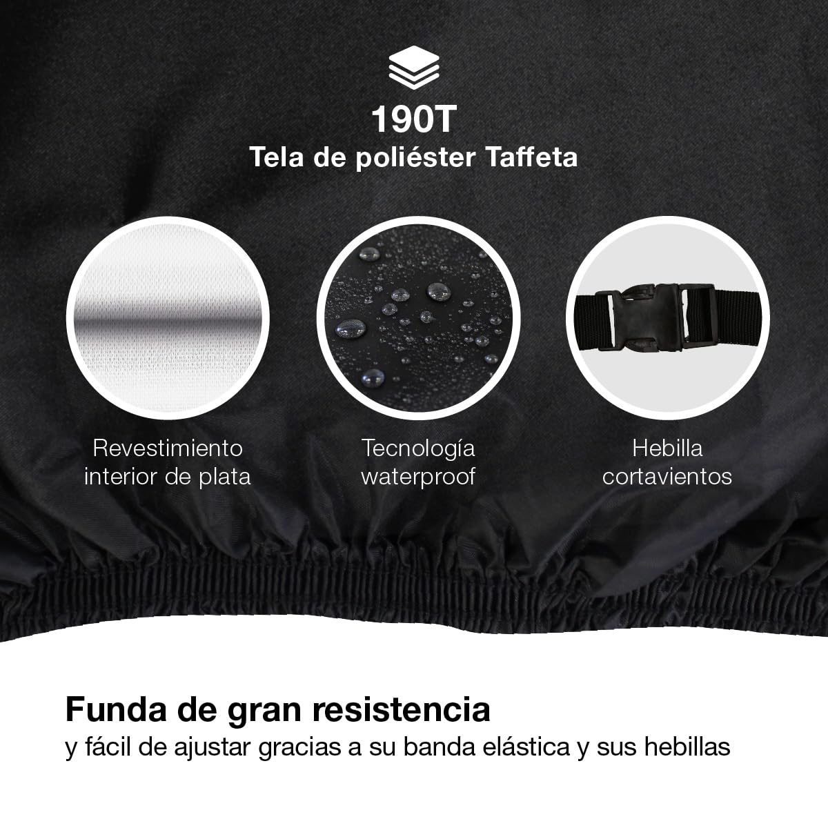 PMK GRUPO | Funda para Moto Impermeable 190T Talla L (245x105x125 cm) | Cubierta para Motocicleta y Scooter Exterior | Protector UV, Antirrobo con Ojal para Candado, Hebilla Antiviento y Reflectante