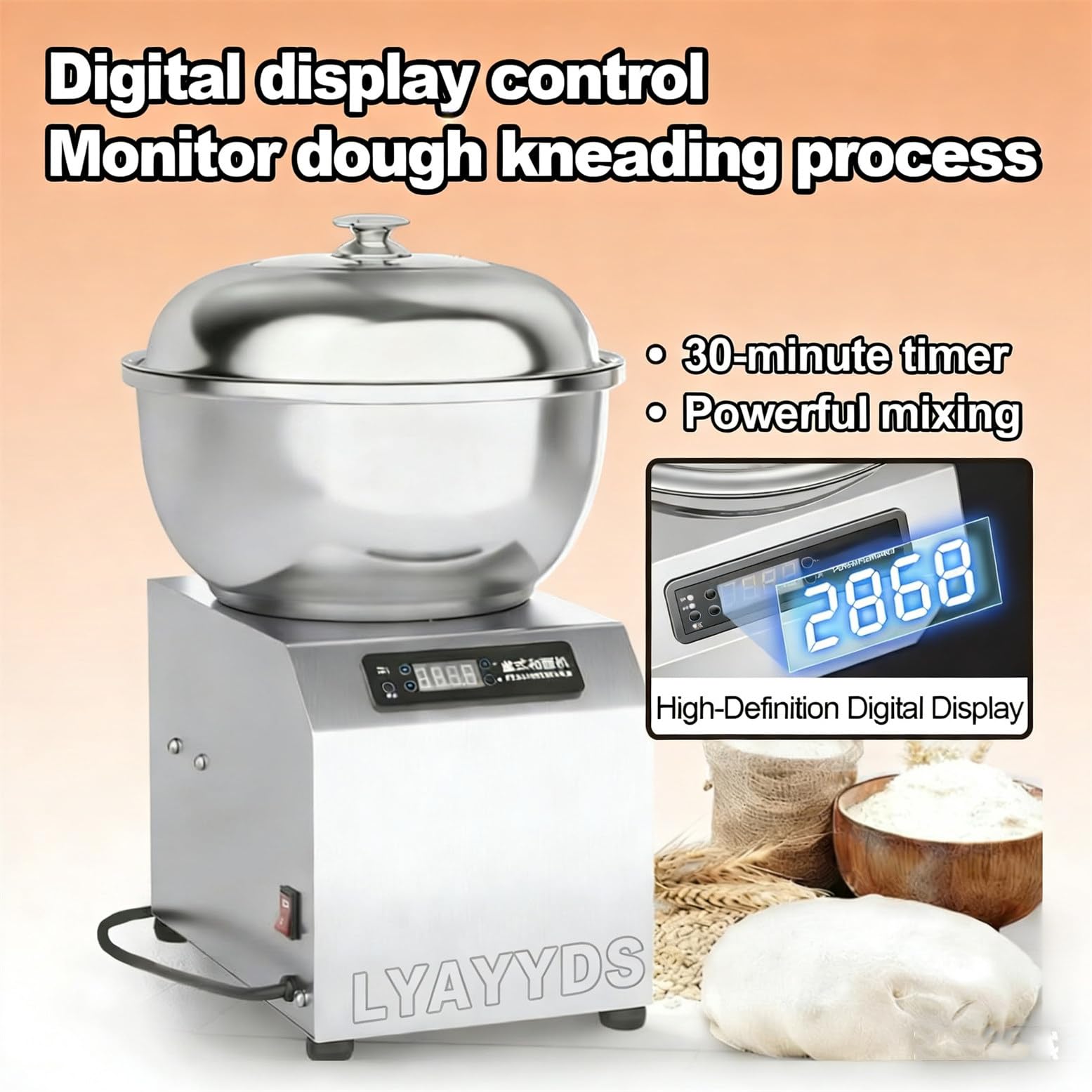 Amasadora Profesional de 1800 W, 5 kg/8 kg, con función de Calentamiento y fermentación, Pantalla LCD Digital y Temporizador, Ideal para panadería. 8kg