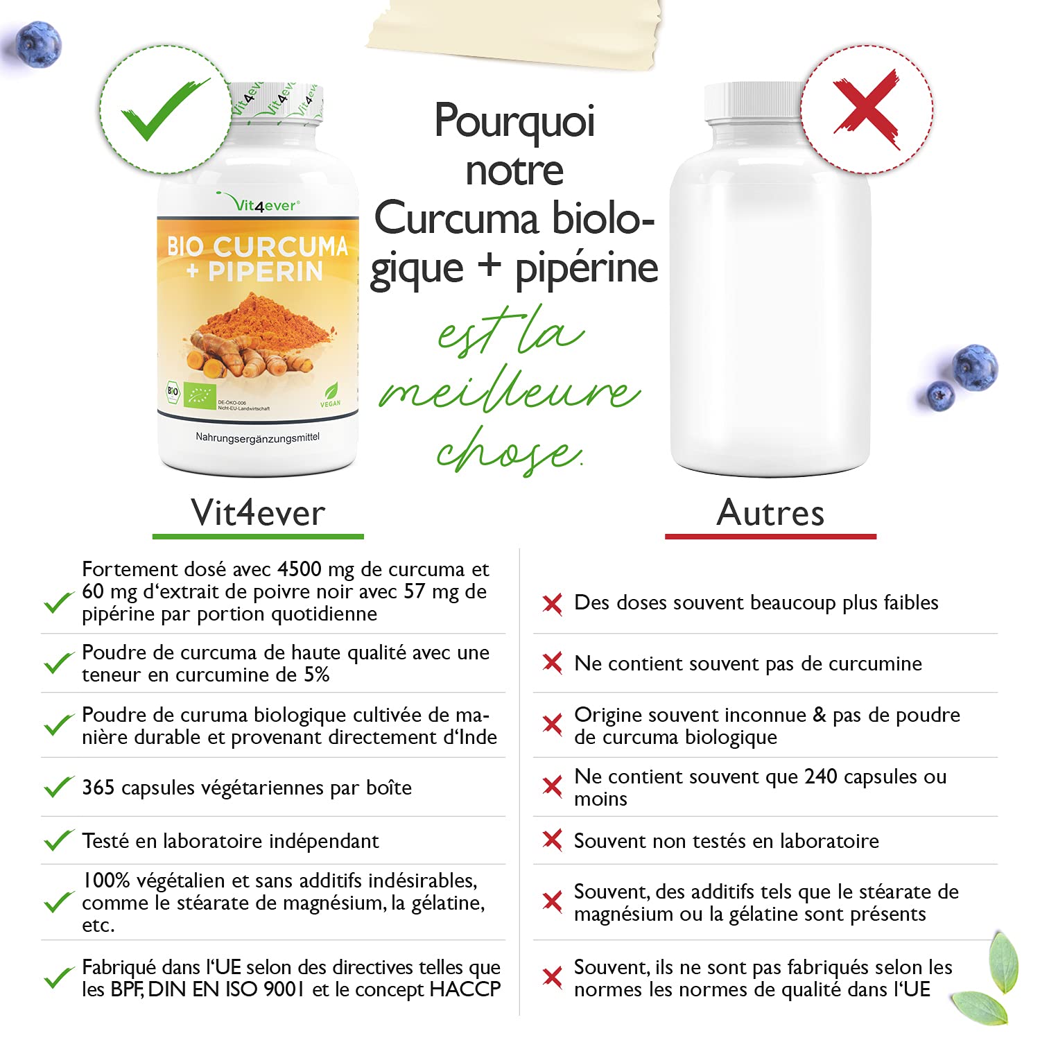 Curcuma bio - 365 gélules - avec curcumine de curcuma et pipérine de poivre noir bio - Haute dose - Vegan