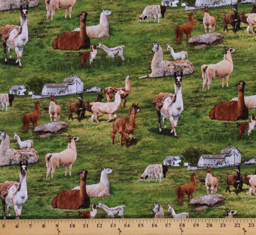 Quality Fabric Cotton Farm Animals Realistic Llamas Cotton Fabric Print by The Yard