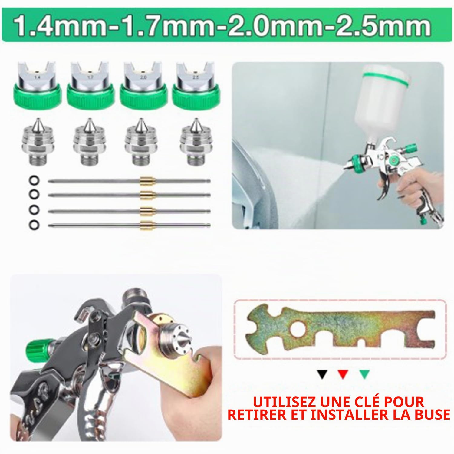 HVLP Pistolet à Peinture,avec 4 Buses 1,4/1,7/2,0/2,5,600ml Pistolet Peinture Air Comprimé pour Les Murs,l'Automobile,Les Travaux De Rénovation,Comprend des Gants,Clés Et Tous Accessoires Nécessaires