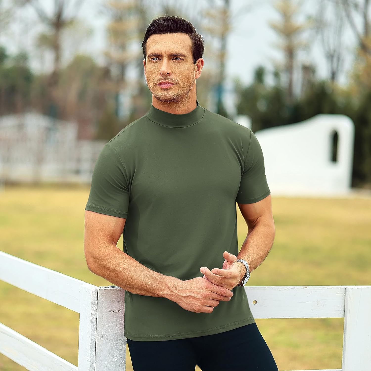 Mens T Shirt Short Sleeve Basic Mock Turtleneck Slim Fit Undershirt Pullover Thermal Solid Tops - Image 3