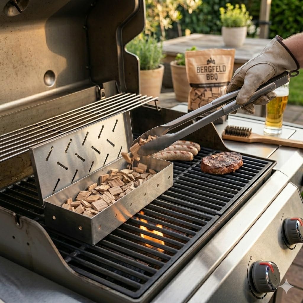 Bergfeld BBQ – Scatola per affumicatura con trucioli per tutti i tipi di barbecue – Smoker Box in robusto acciaio inox per grigliare – Aroma per carne, pesce e verdure (dimensioni: 22 x 9,5 x 4 cm)
