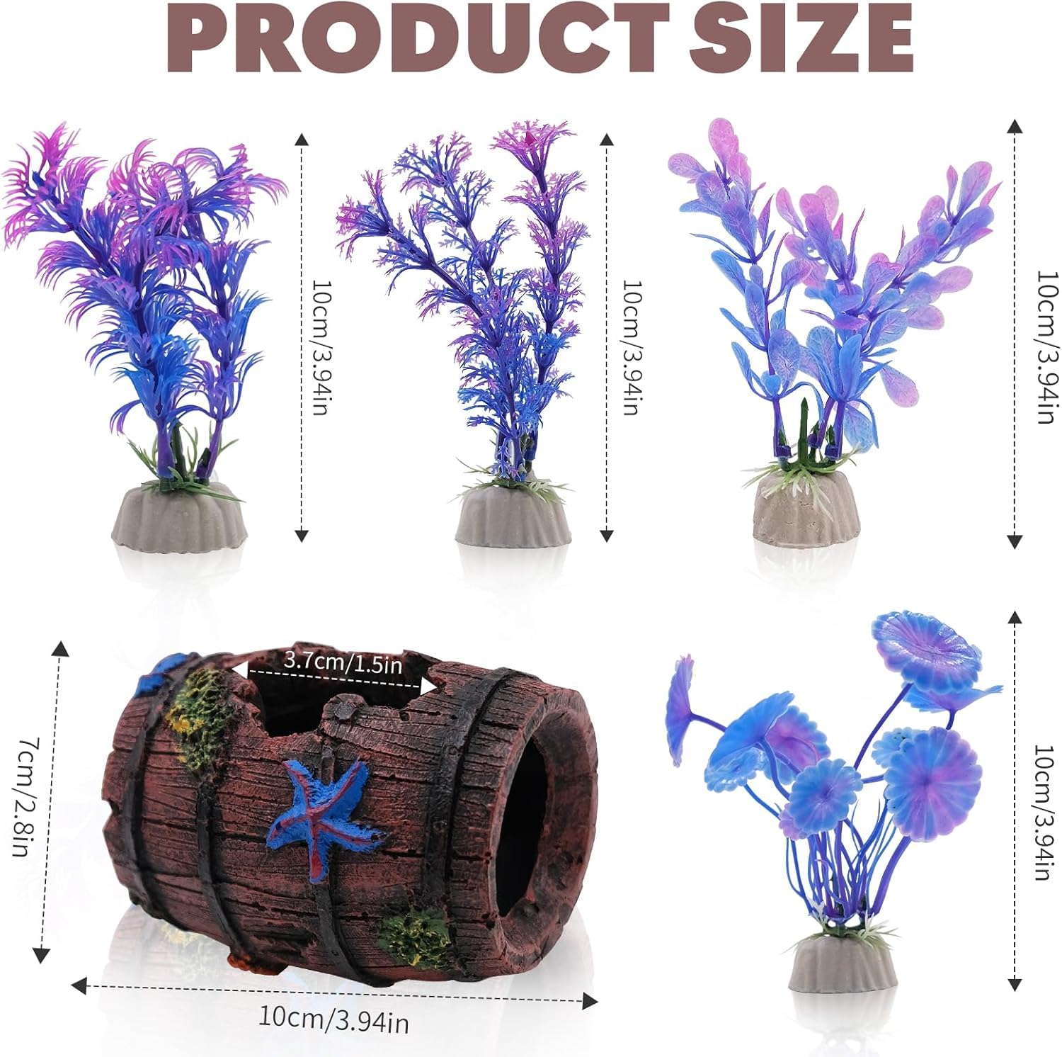 Juego 5 Piezas decoración Acuario, Accesorios Peces Betta, Adornos Cueva Barril + Estrellas mar y Plantas Artificiales (1 Barril con Estrellas, 4 Plantas)
