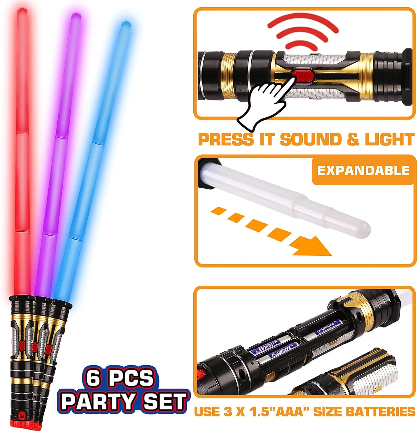 6 Pack Light Up Saber 3 Colors, 2-In-1 Led Dual Light Swords With Fx Sound (Motion Sensitive) And Telescopic Handle For Multiplayer Galaxy War Fighter Warriors, Xmas Present Kids Party Gift