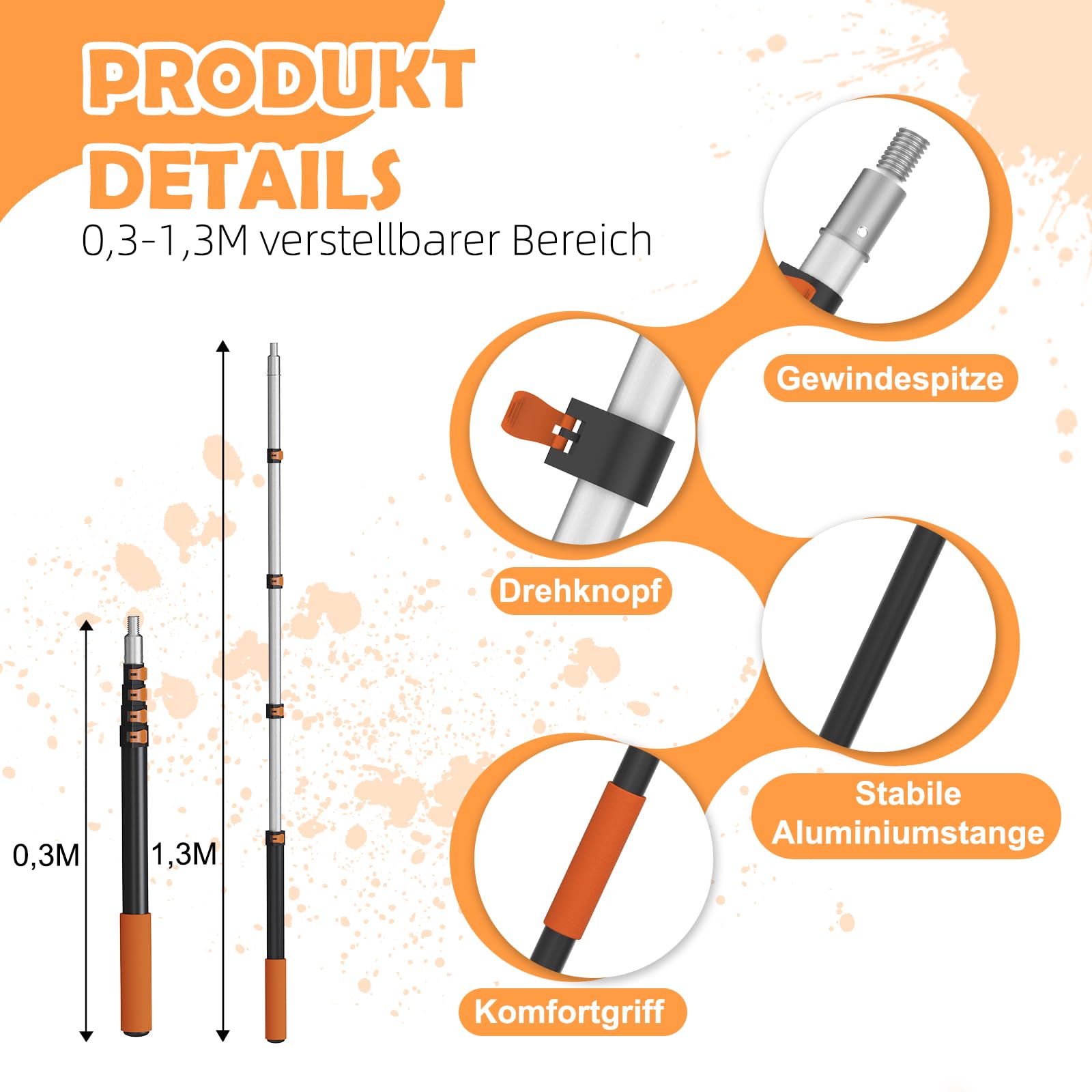 LAANPOLE Farbroller Set mit 1,3m Teleskopstiel, 27-teiliges Malerset, 23cm 10cm Malerrolle, Pinsel für Wände, Mikrofaser-Lackierwalze für professionelle Malerarbeiten, Orange