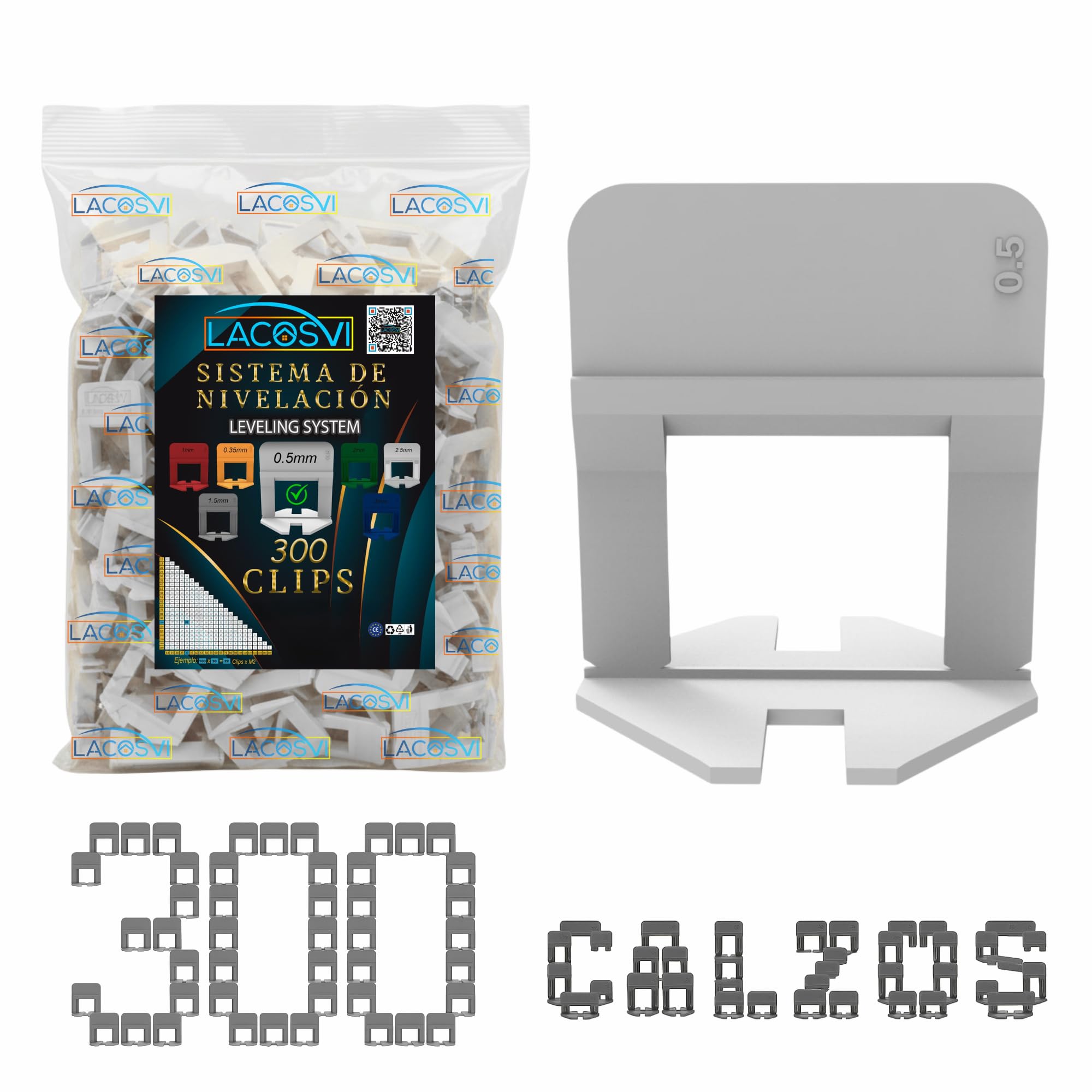 Lacosvi Clips Niveladores para Azulejos (Calzos de 0,5mm,300 uds) Grapas Espaciadores Niveladores para piso y azulejos Sistema de Nivelación para profesionales del Alicatado y Bricolaje