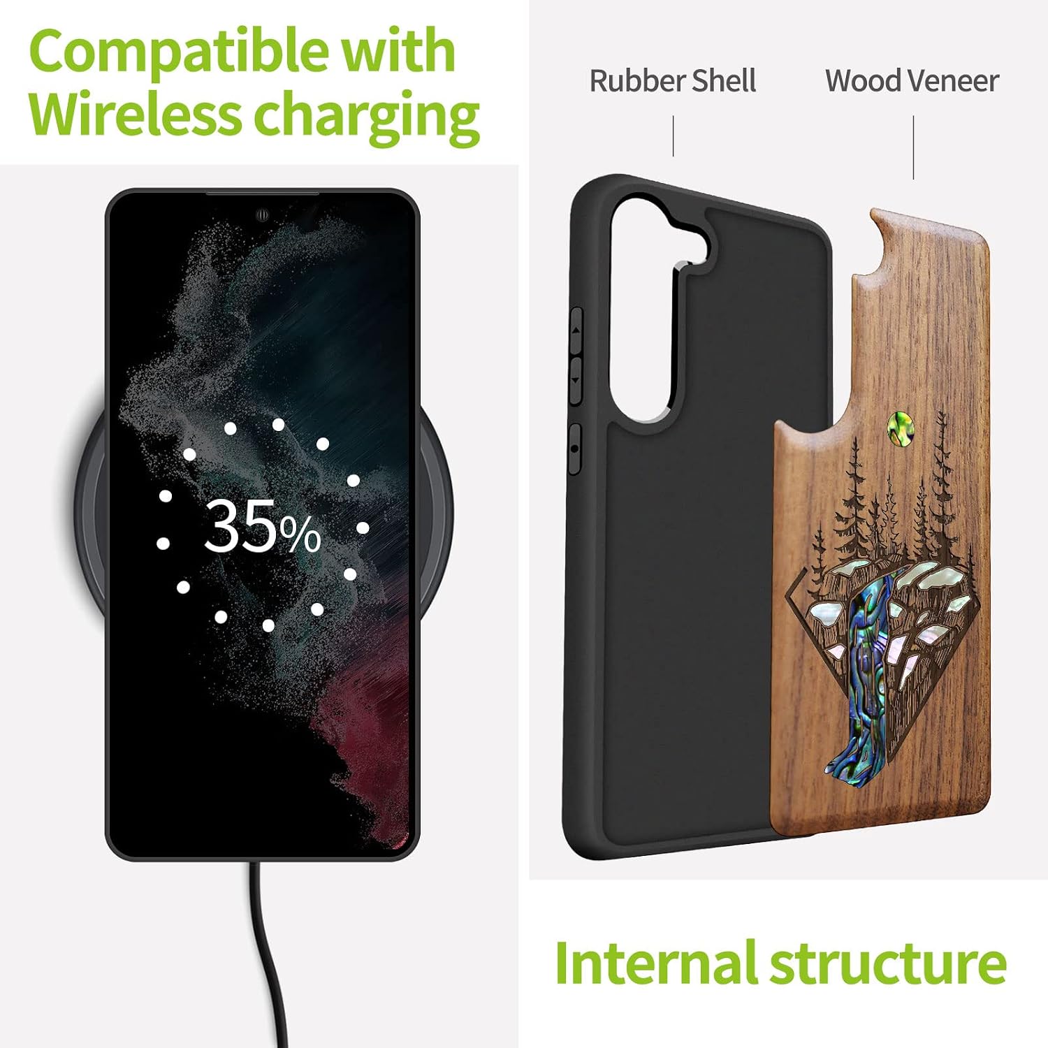 Carveit Designer Wooden Case for Samsung Galaxy S23 Cover [Wood Engraving & Shell Inlay] Wood Phone Case Compatible with Wireless Chargers Galaxy S23 Case (Falls Landscape-Walnut)