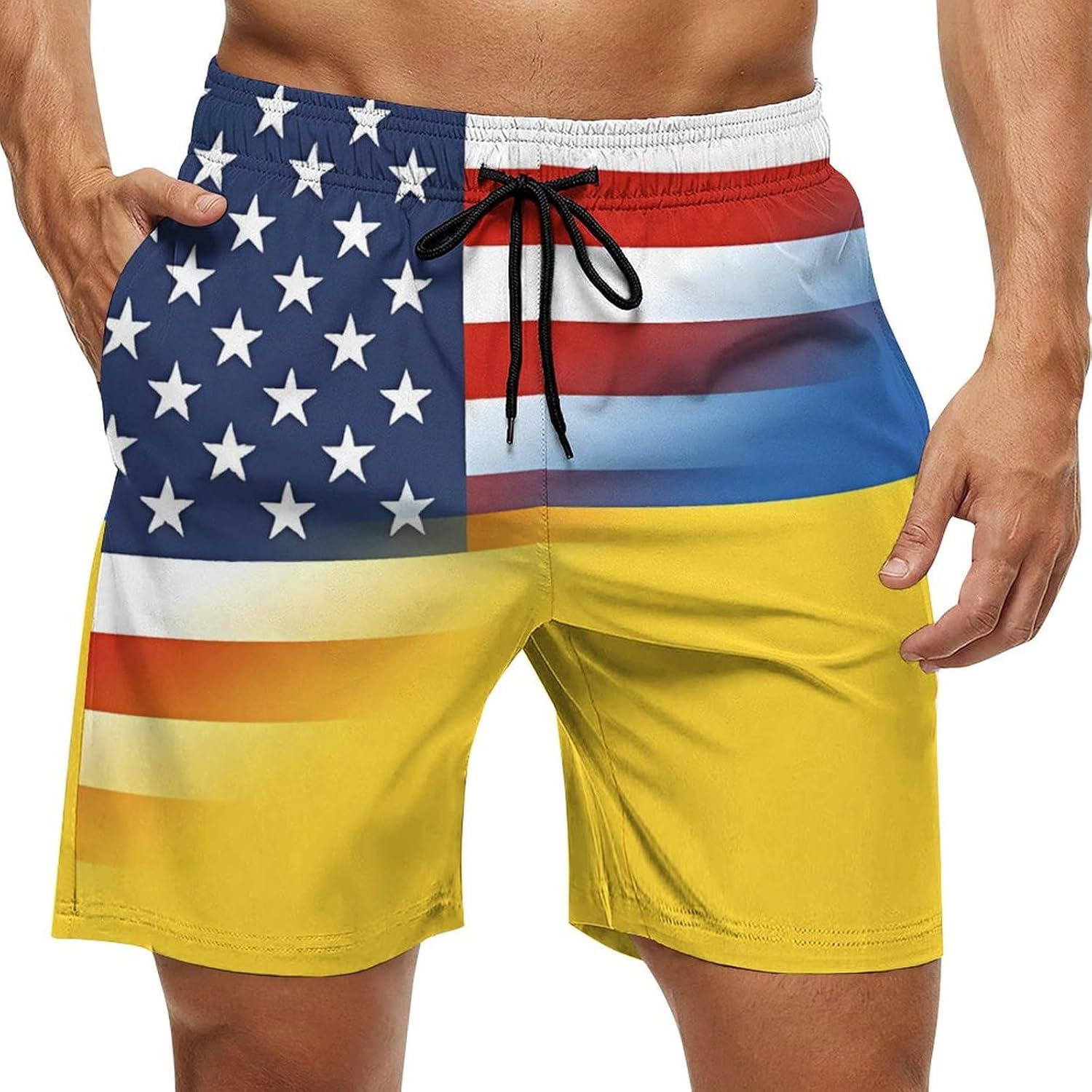 USA-Ukraine Flag Casual Men's Swim Trunks Novelty Summer Beach Shorts Swimwear with Pocket