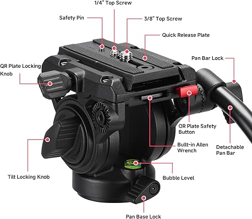 Miniatura 2 de Avella Cabezal fluido de trípode de video con placa de liberación rápida, ligero y resistente, compatible con Manfrotto, carga máxima de 13.2 lb/6