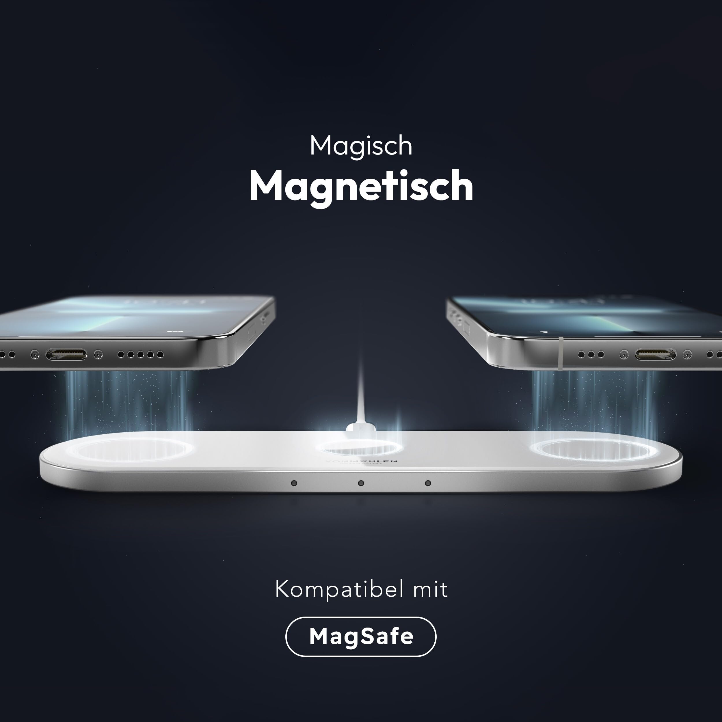 VONMÄHLEN Aura Home - Wireless Charging Pad - 3in1 Schnellladegerät, Magnetisches Multi-Gerät-Ladepad, Kompatibel mit Handyhüllen bis zu 7mm, Hochwertige Materialien, Minimalistisches Design - White