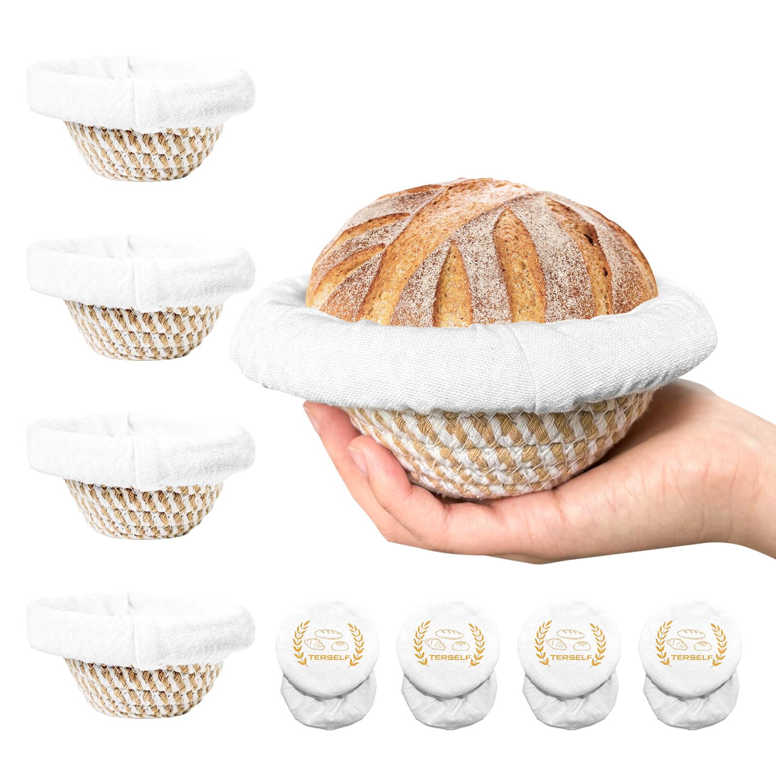 Cotton Rope Banneton Bread Proofing Basket Set, 4 x5IN Round Bread Basket with Liners & Covers for Artisan Bread Baking, Sourdough Bread Baking Supplies
