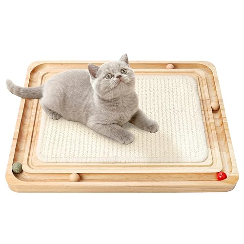 Ahomdoo Cat Scratcher pad Sisal cat Scratching Interactive Toy with Track Wooden Ball Cats Scratch Pad for Physical Exercise