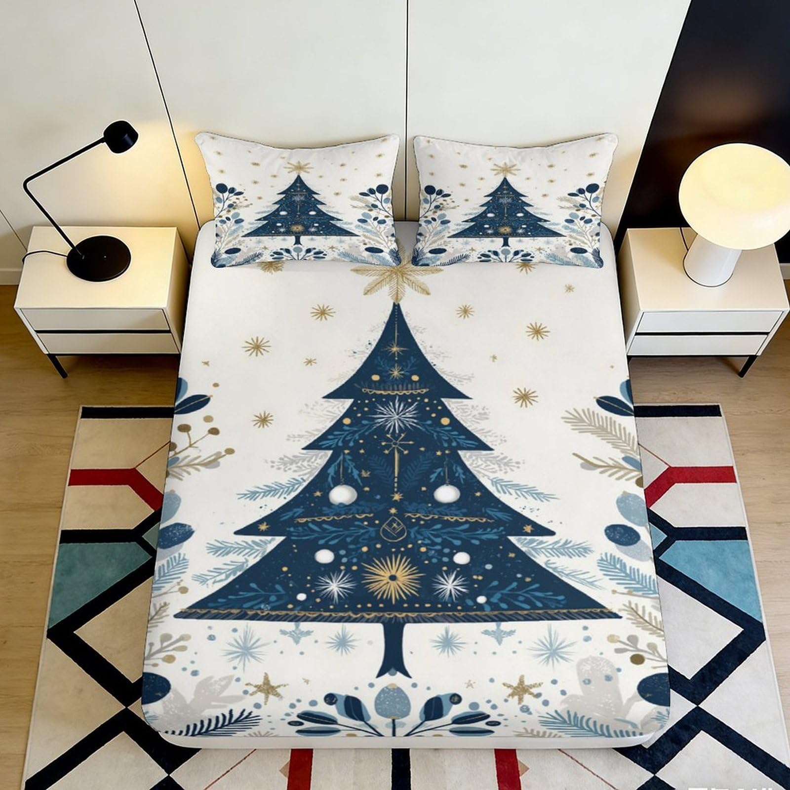 3D Printed Christmas Tree Fitted Sheet Microfiber Soft Winter Snowflake Bed Cover for Bedroom Guest Room Decor 90x200x25cm