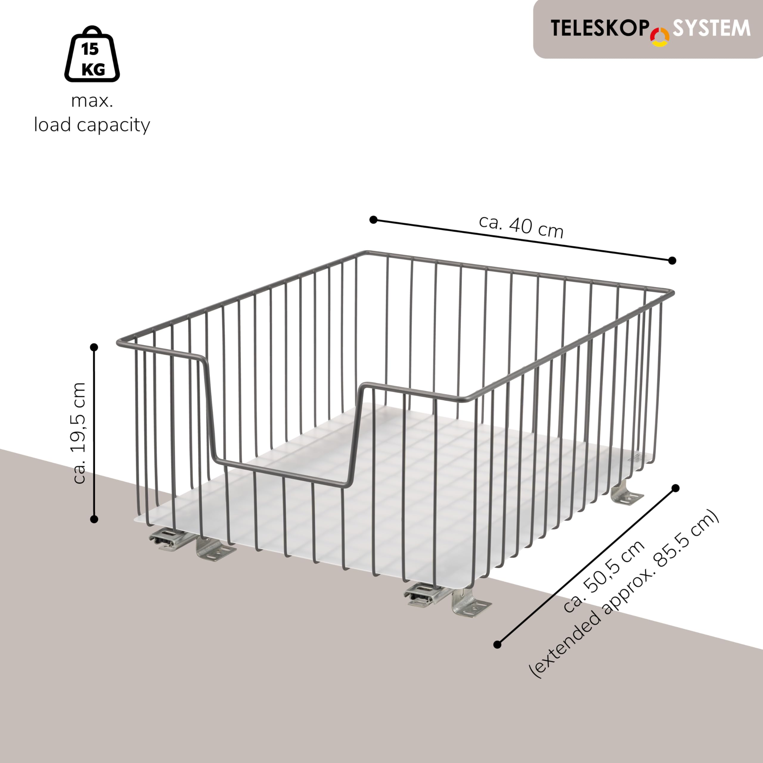 bremermann Cestello estraibile per armadio larghezza 40 cm con ripiano, con guide telescopiche, ideale per cucina, bagno e camera da letto, in metallo (Grigio)