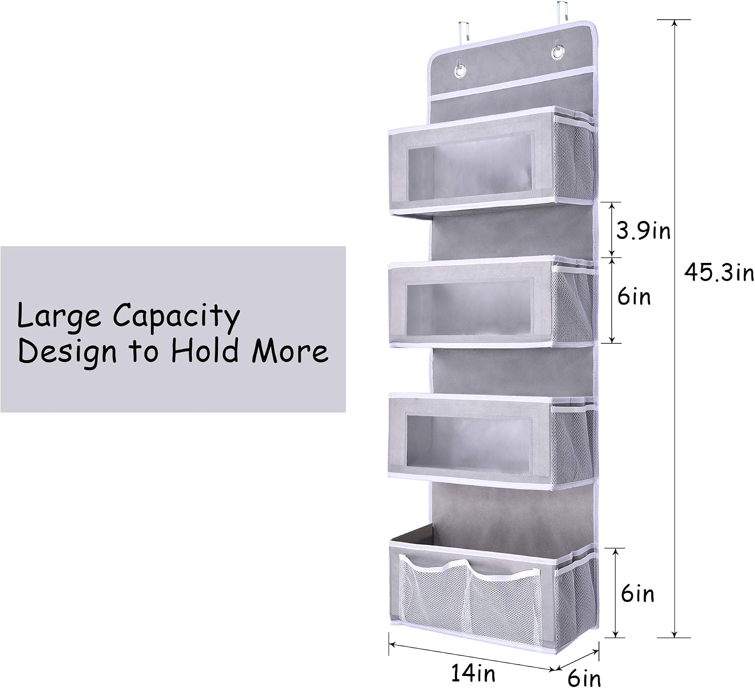 ULG Over The Door Hanging Organizer with 4 Spacious Pockets and 10 Mesh Pockets, Wall Mount Storage Organizer for Bedroom Nursery Pantry Closet Dorm, Grey