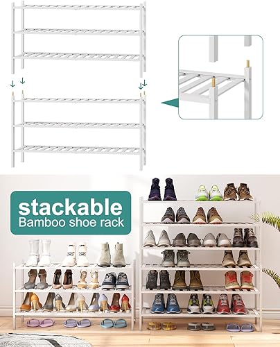 Vista 21 de Zapatero de bambú de 5 niveles para entrada, apilable plegable Natural, organizador de zapatos para armario de pasillo, zapateros de pie