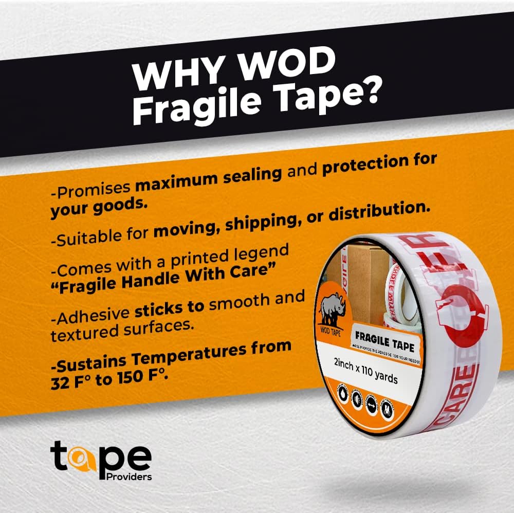 WOD CST2FW Fragile Tape Handle with Care Packing Tape 2 in. x 110 yds. Heavy Duty Carton Sealing Tape Red Lettering for Fragile Cargo and Box Office Moving Shipping, 6 Pack