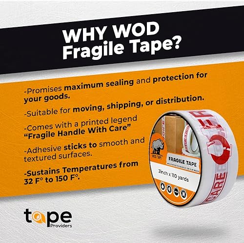 Miniatura 2 de WOD CST2FW Cinta frágil con cinta de embalaje de 2 pulgadas x 110 yardas. Cinta de sellado de cartón resistente con letras rojas para carga frágil y