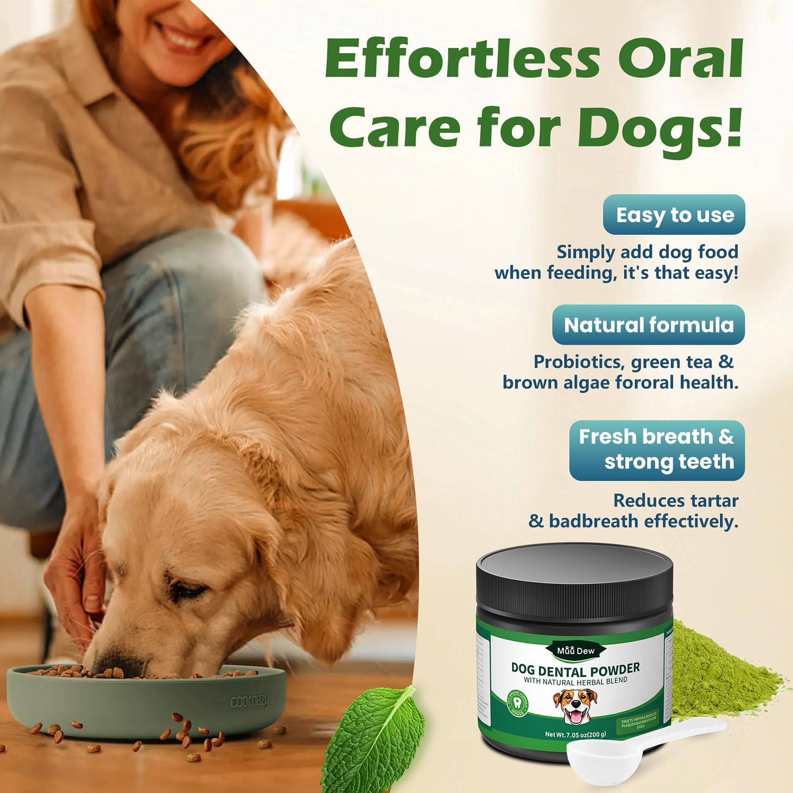 Dog Teeth Cleaning Powder, Dog Dental Powder and Cats Breath Freshener, Bad Breath & Tartar Remover for Dogs, Natural Herbal Blend of All Breeds, 200 Grams(90-Day Supply) - image 6