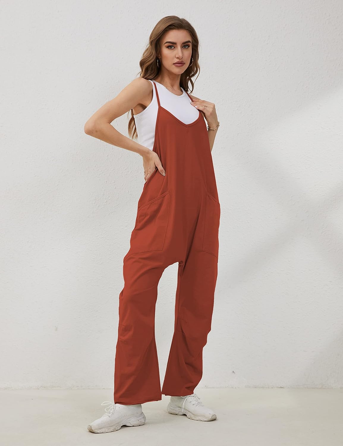 Lentta Women's Causal Jumpsuits V Neck Sleeveless Harem Overalls Stretchy Adjustable Strap Romper with Pockets - Image 6