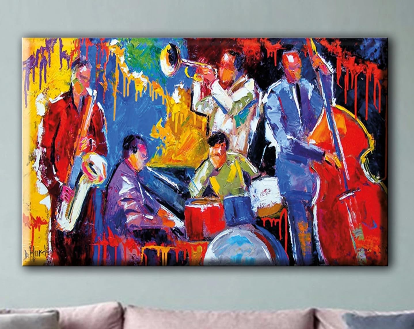 LIRHIQYGF Impression sur toile « Groupe de jazz » : Art mural abstrait musical, affiche sur toile, décoration intérieure (60 x 80 cm/avec cadre)