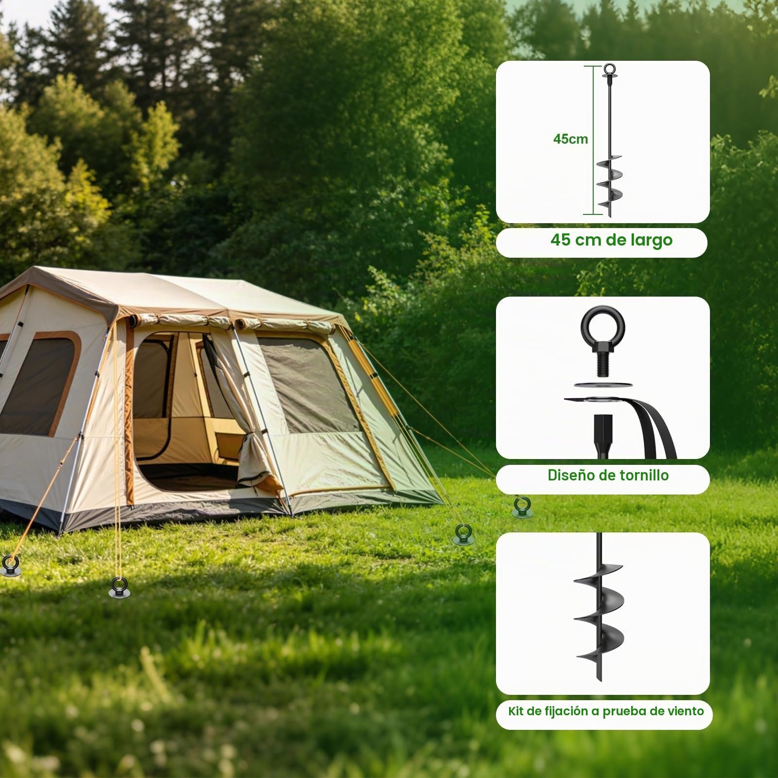 Anclaje de Tierra Resistente de Acero Inoxidable 45cm 4 Unidades | Estacas de Tornillo con Correas y Herramienta de Montaje, Trampolín Tienda Pérgola Carport Columpio, Fijación Antiviento