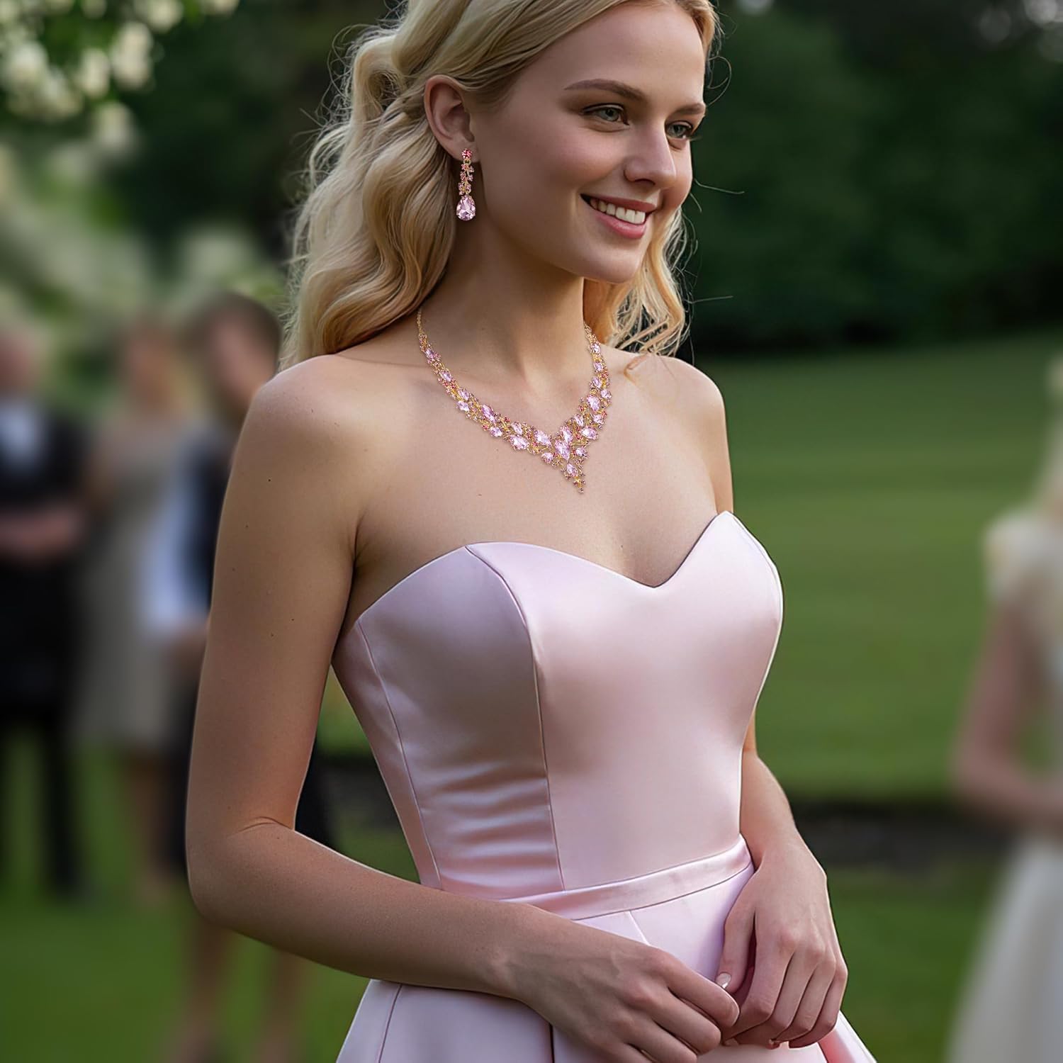 BriLove Women's Wedding Bridal Austrian Crystal Teardrop Cluster Statement Necklace Dangle Earrings Jewelry Set - Image 3