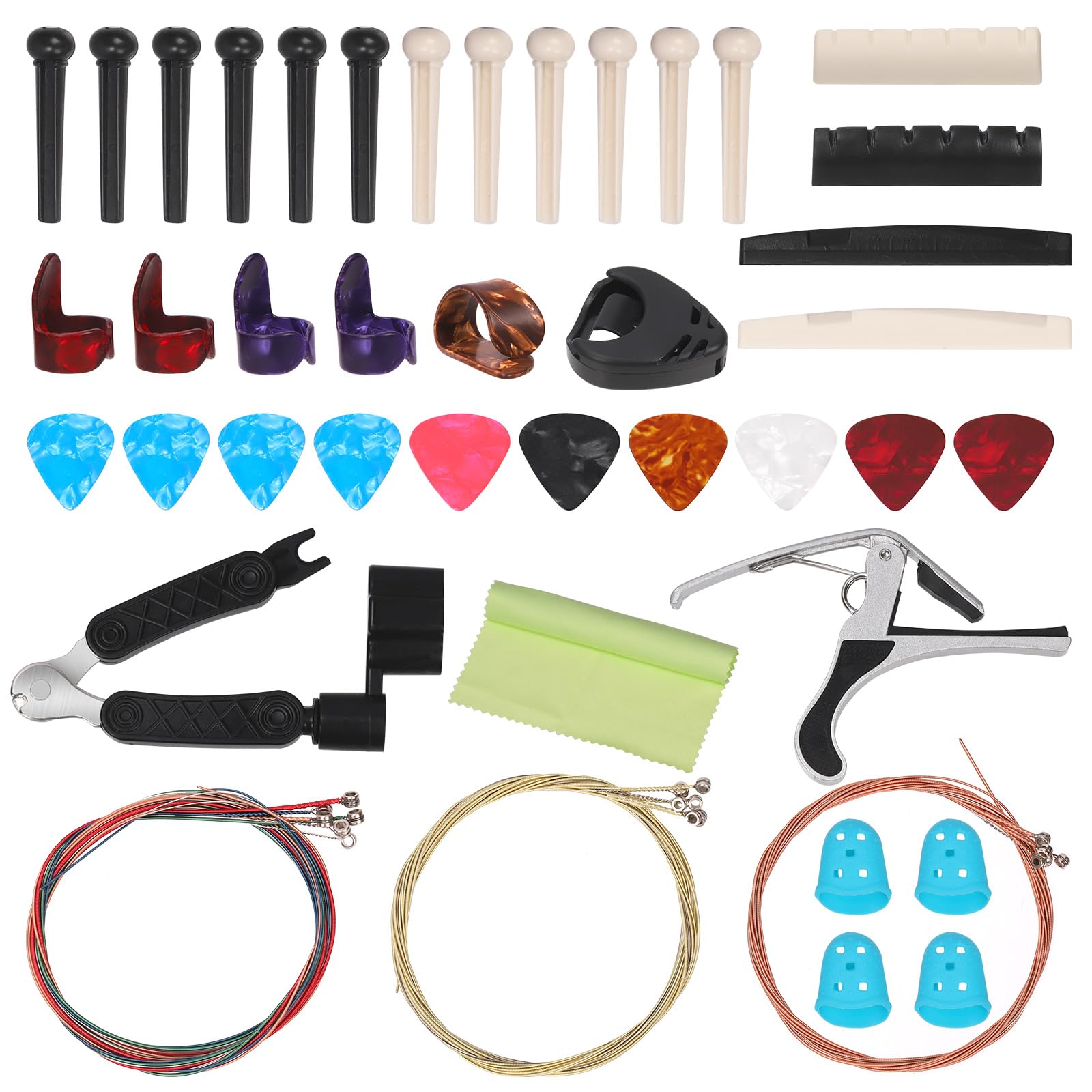 Swpeet 57Pcs Kit de accesorios de guitarra - Incluye Picks, cuerdas, Capo, Cortador de cuerdas, pasadores de puente, Pick Holder, huesos sillín y tuerca, protectores de dedos para guitarristas