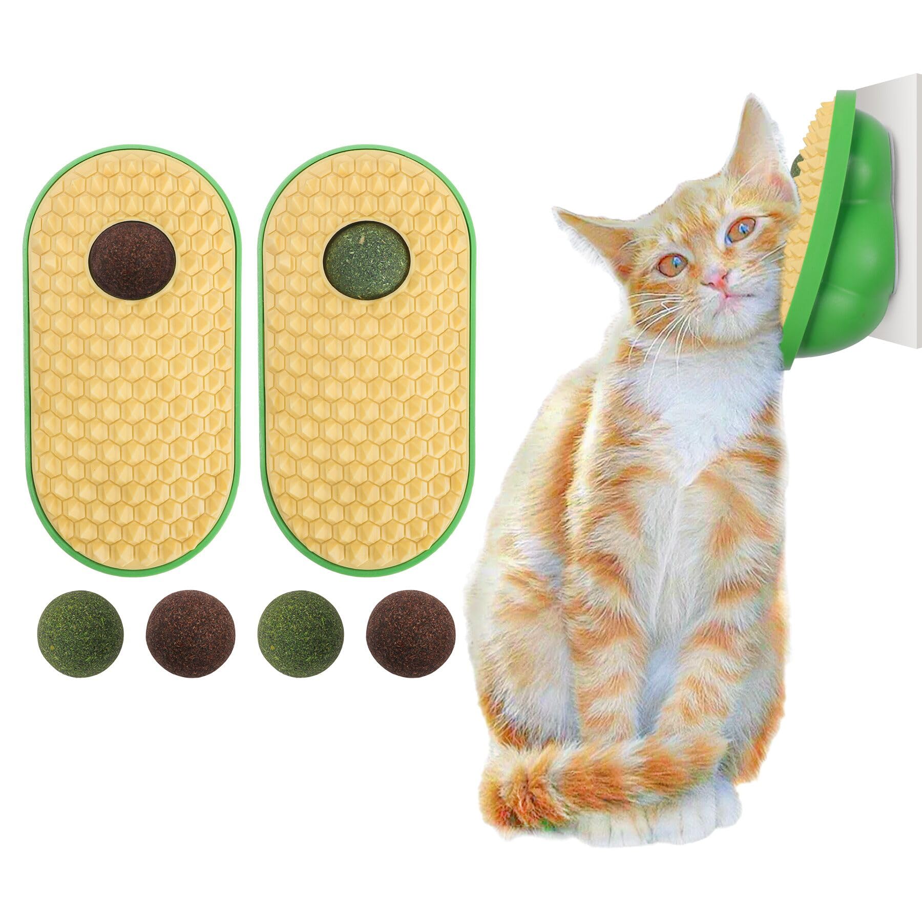 SEVENKA 2 Cat Toys Self-Grooming Cat Brush with 3 Catnip Balls & 3 Gall Fruit, Kitty Kitten Scratcher Self Groomer Catnip Toys for Indoor Cats, Chew Toys Wall Corner Brushes Edible Wall Treats, Yellow