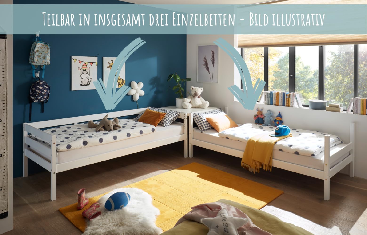 Kids Collective Hochbett 90x200 mit Ausziehbett Etagenbett Kinderbett mit Ausziehfunktion Zwei Schubladen Lattenrost Rausfallschutz umbaubar in DREI Einzelbetten, 4. bis 16. Lebensjahr Vollholz | weiß